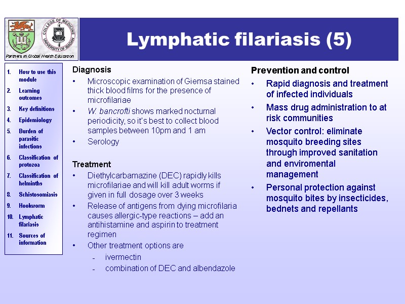 Lymphatic filariasis (5) Prevention and control Rapid diagnosis and treatment of infected individuals Mass